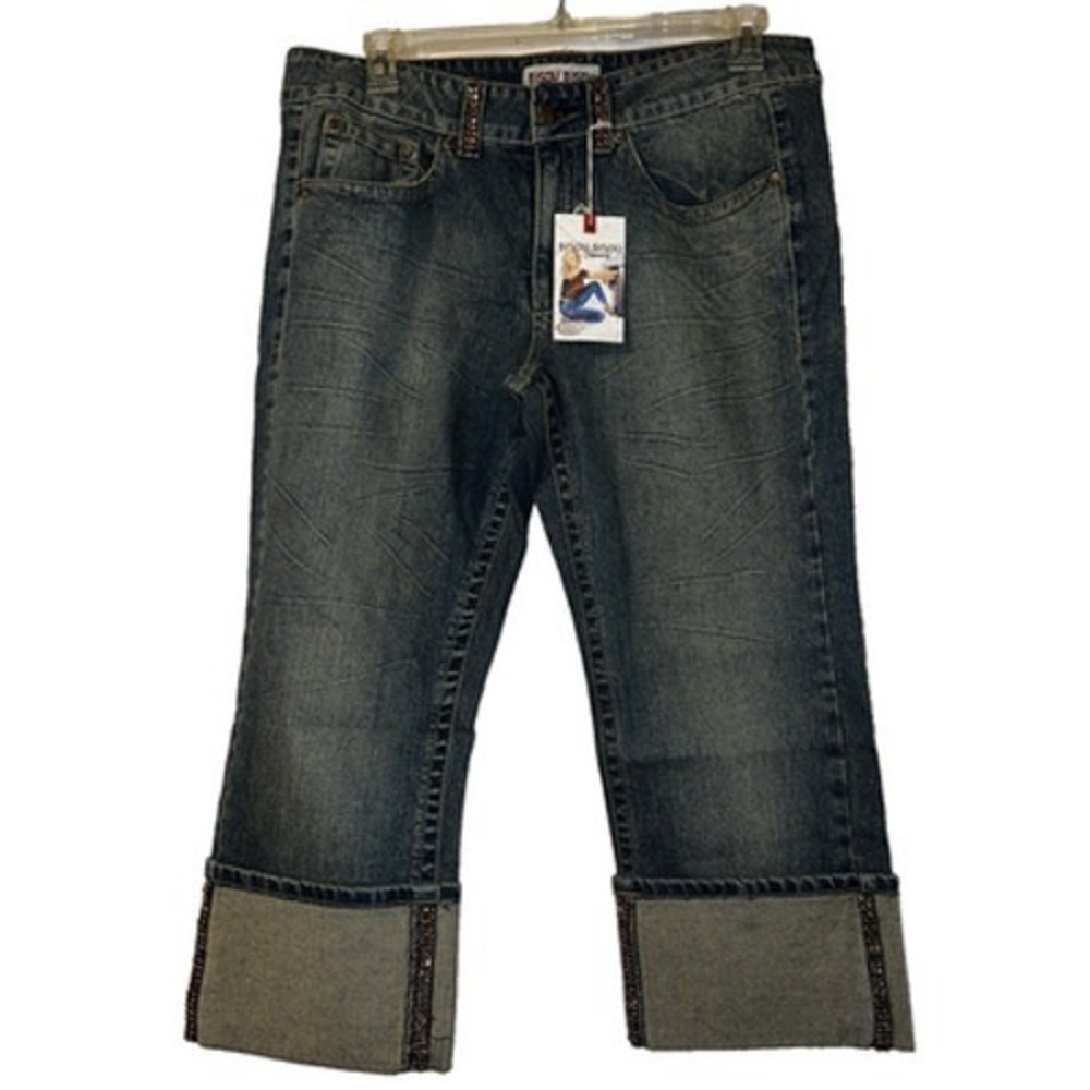 New Bisou Bisou Y2K Rhinestone Cuffed Cropped Jeans Medium Wash McBling Denim 16